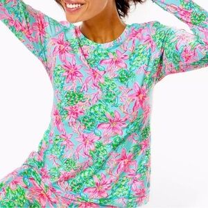 Lilly Pulitzer Aqua Pink Green Floral Top. UPF 50+